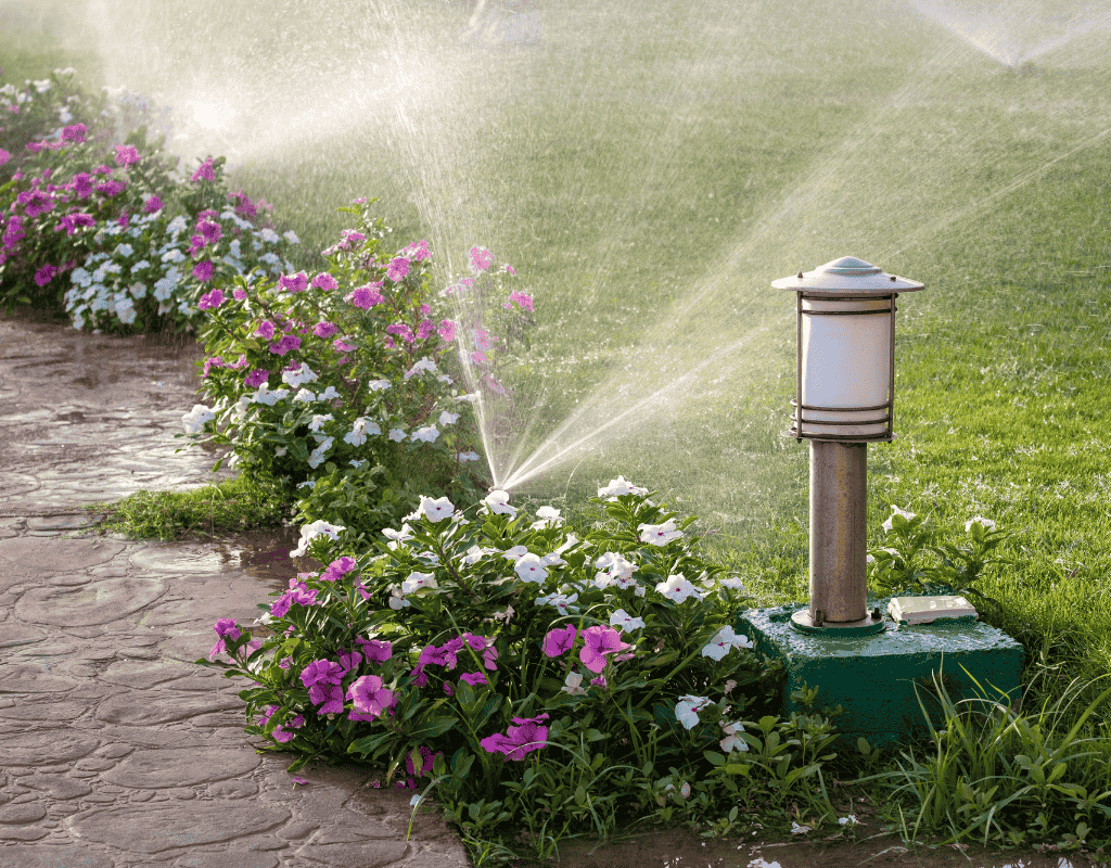 Garden irrigation sprinklers watering flower beds and grass in landscaped yard